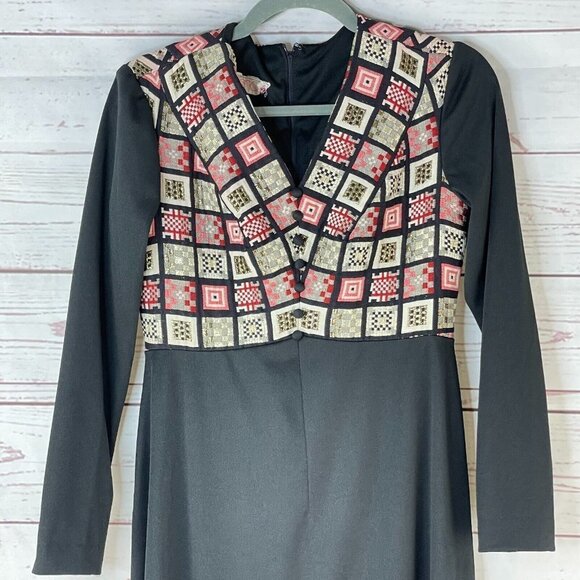 Vintage Nancy's‎ Women's Black Patchwork Long Sleeve Floor Length Dress Size S - Picture 2 of 8